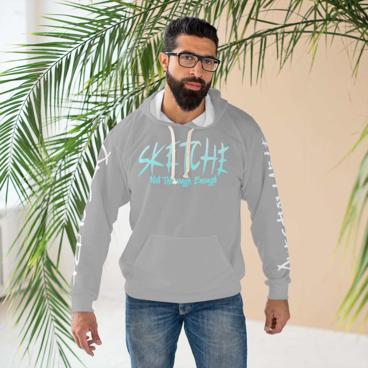 Sketche "Fix It S" Grey (White & Blue Print) Unisex Pullover Hoodie