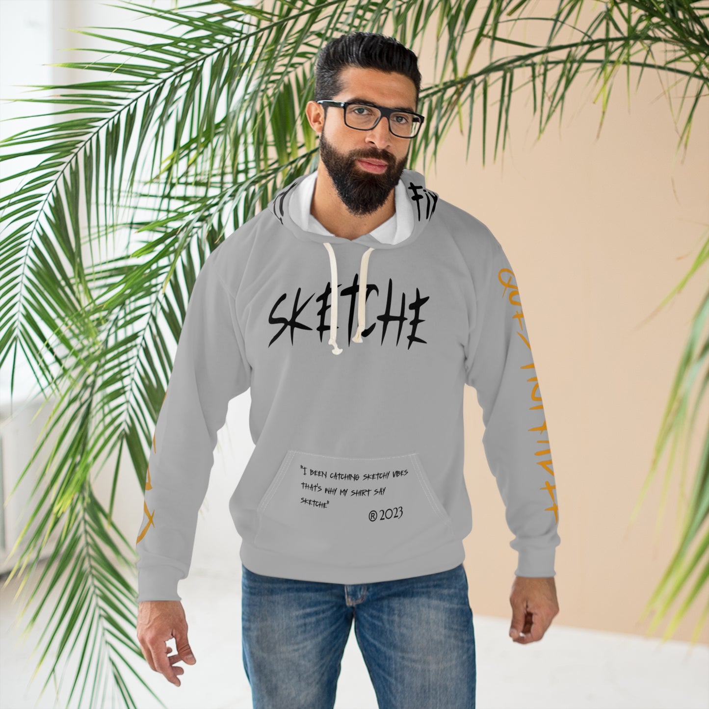 Sketche "Fix It" Grey (Black & Orange Print) Unisex Pullover Hoodie